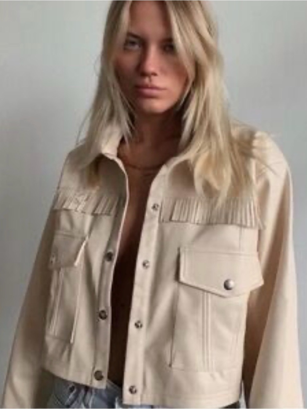 For Love & Lemons Cream Fringe Faux Leather Crop Jacket Size Large